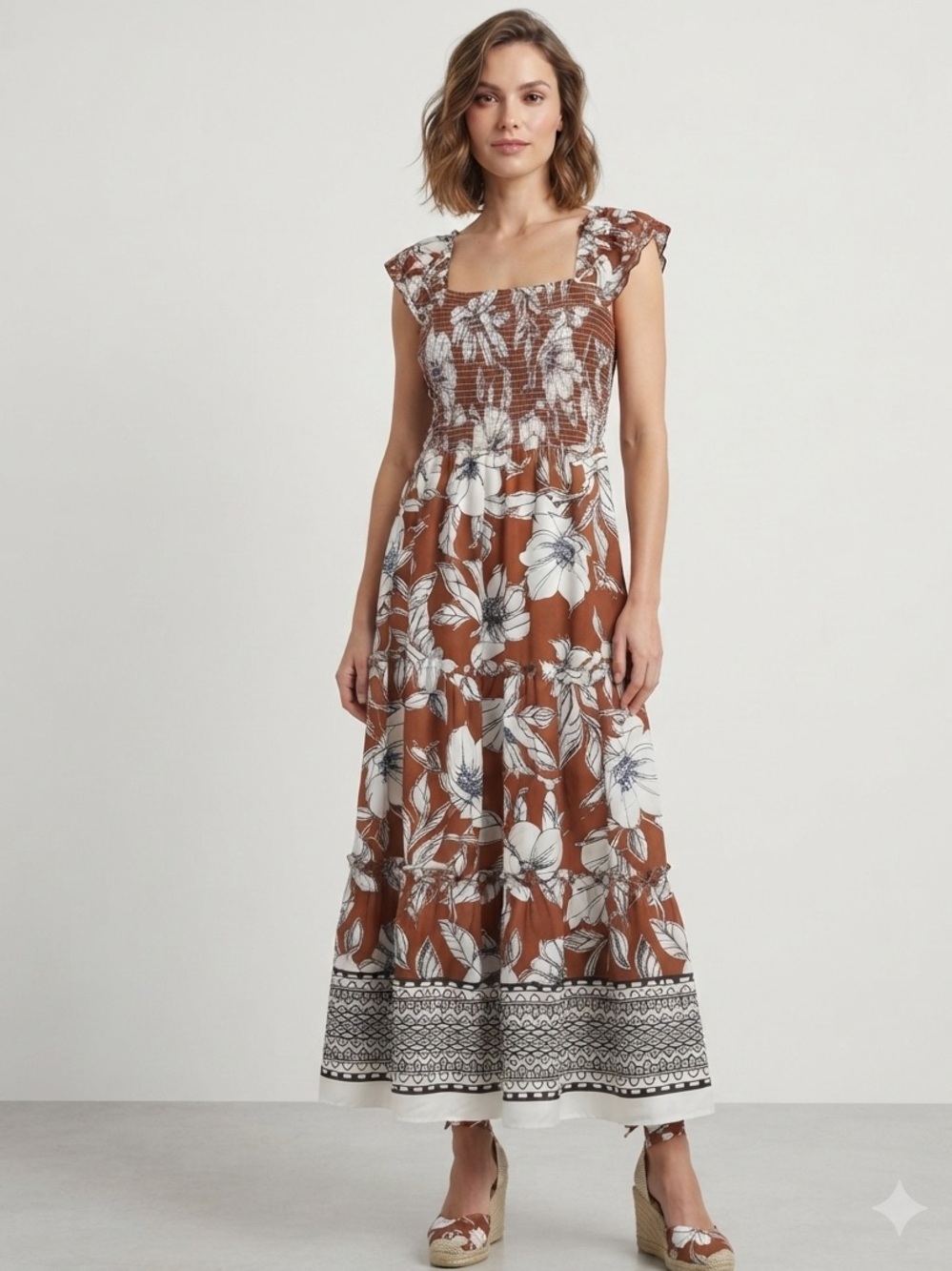 Bloom Brown Floral Smocked Maxi Dress with Border Hem